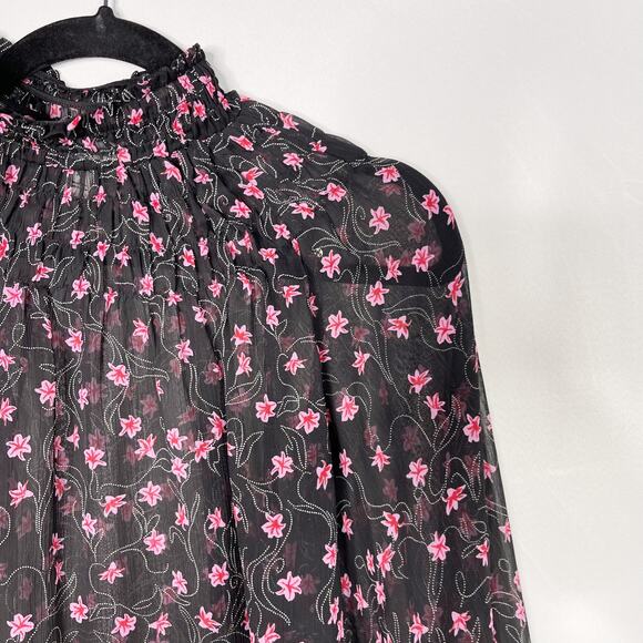 Elizabeth & James Floral Sheer Smocked Top XSmall Black Pink Long Sleeve Blouse - Picture 4 of 12
